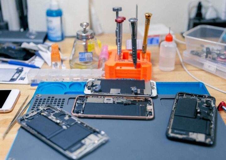 a workbench filled with various gadgets and equipment