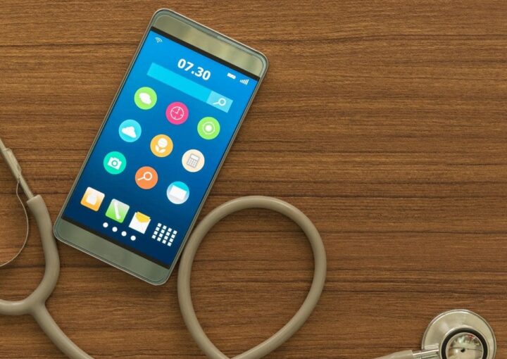 a smartphone connected to a stethoscope