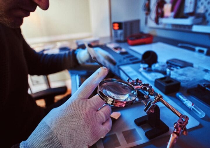 a man examining small details with a magnifying glass